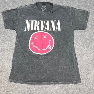Nirvana Live 93 Tour Graphic T-Shirt Acid Wash Gray Smiley Face Mens Large